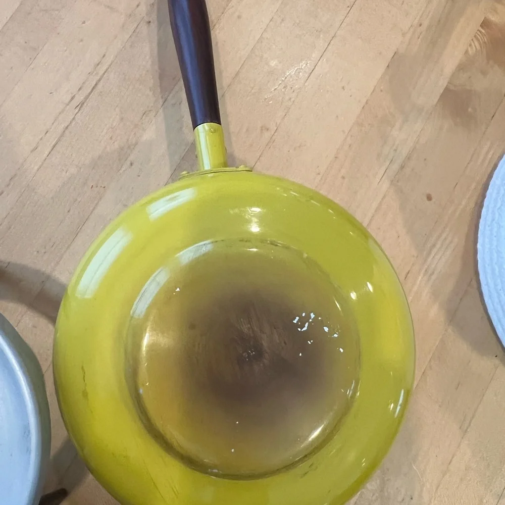 Vintage MCM Yellow Fondue Pot with Stand Teak wood